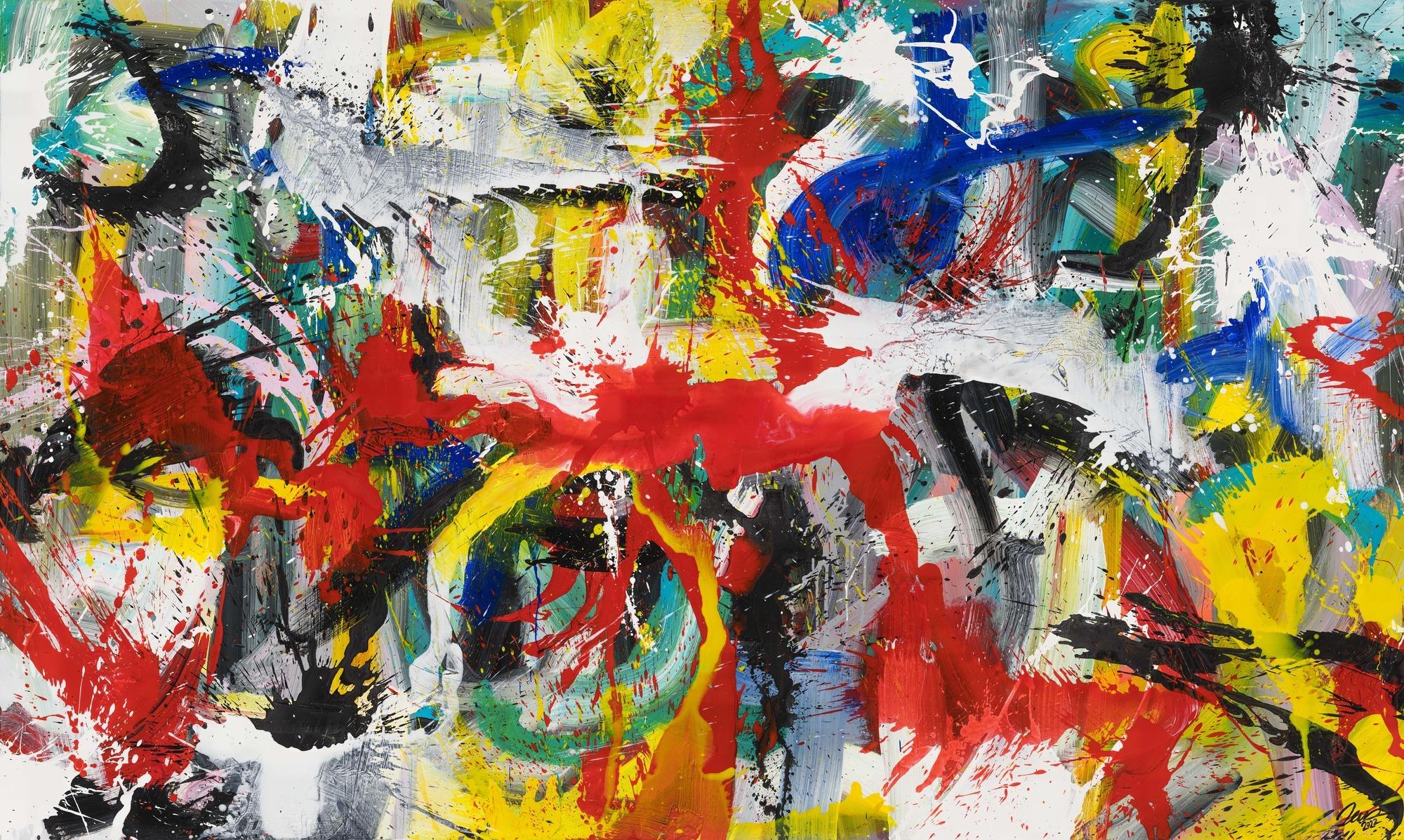 Gemälde Original abstrakt 150x250cm Action Painting Modern Art handgefertigt Mischtechnik weiß schwarz rot einzigartig