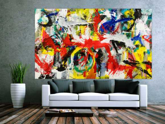Gemälde Original abstrakt 150x250cm Action Painting Modern Art handgefertigt Mischtechnik weiß schwarz rot einzigartig