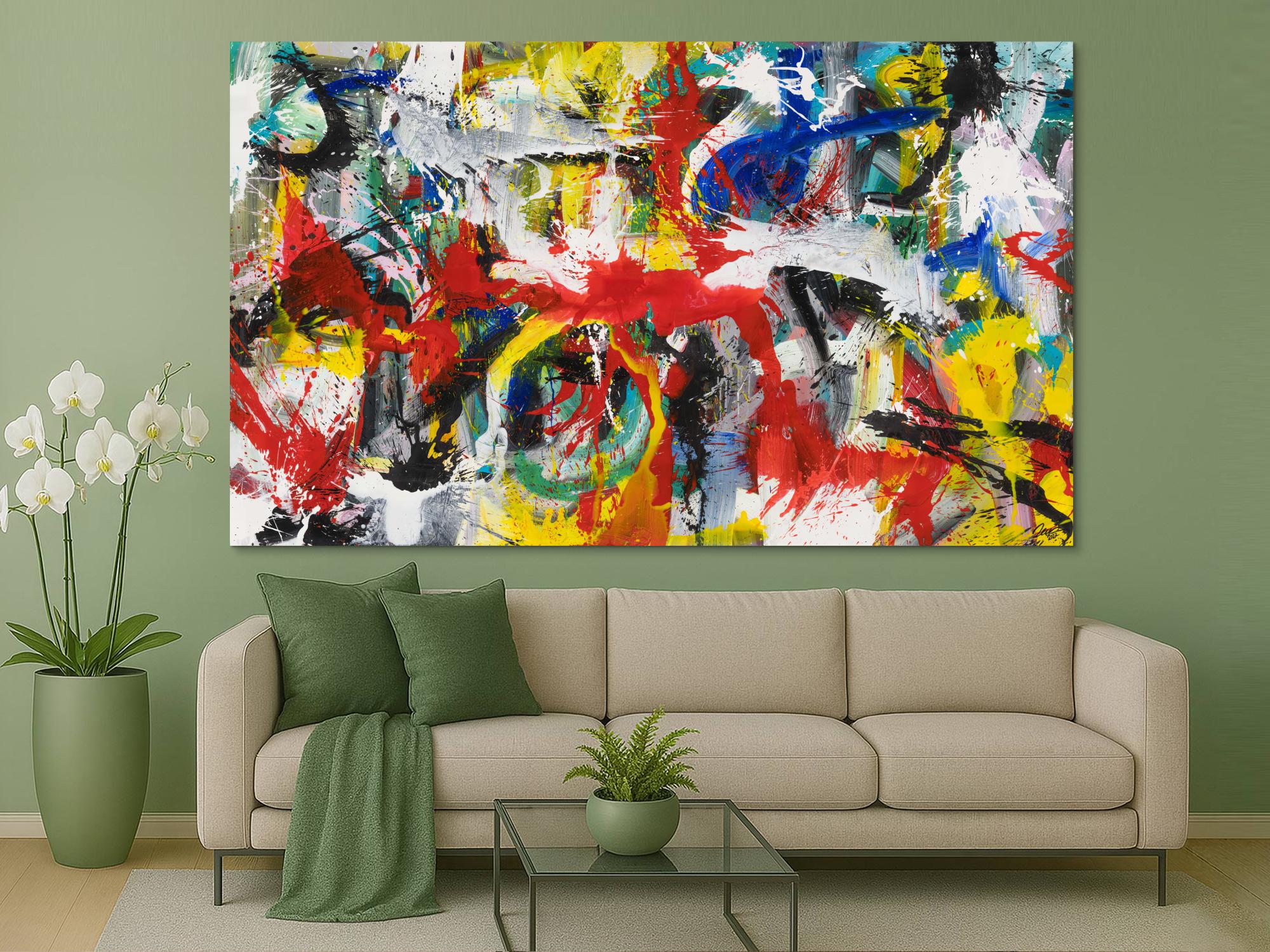 Gemälde Original abstrakt 150x250cm Action Painting Modern Art handgefertigt Mischtechnik weiß schwarz rot einzigartig