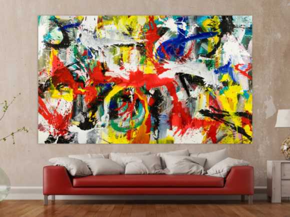 Gemälde Original abstrakt 150x250cm Action Painting Modern Art handgefertigt Mischtechnik weiß schwarz rot einzigartig