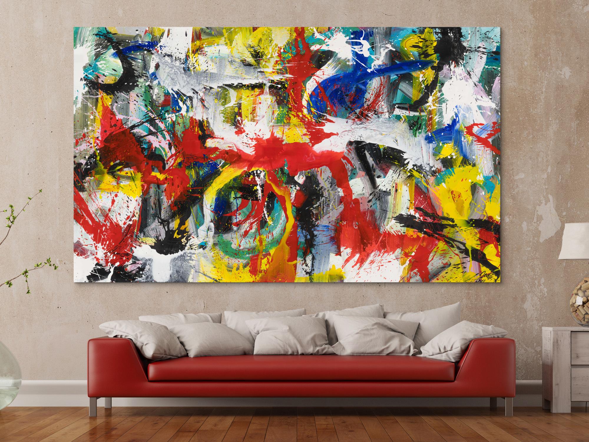 Gemälde Original abstrakt 150x250cm Action Painting Modern Art handgefertigt Mischtechnik weiß schwarz rot einzigartig