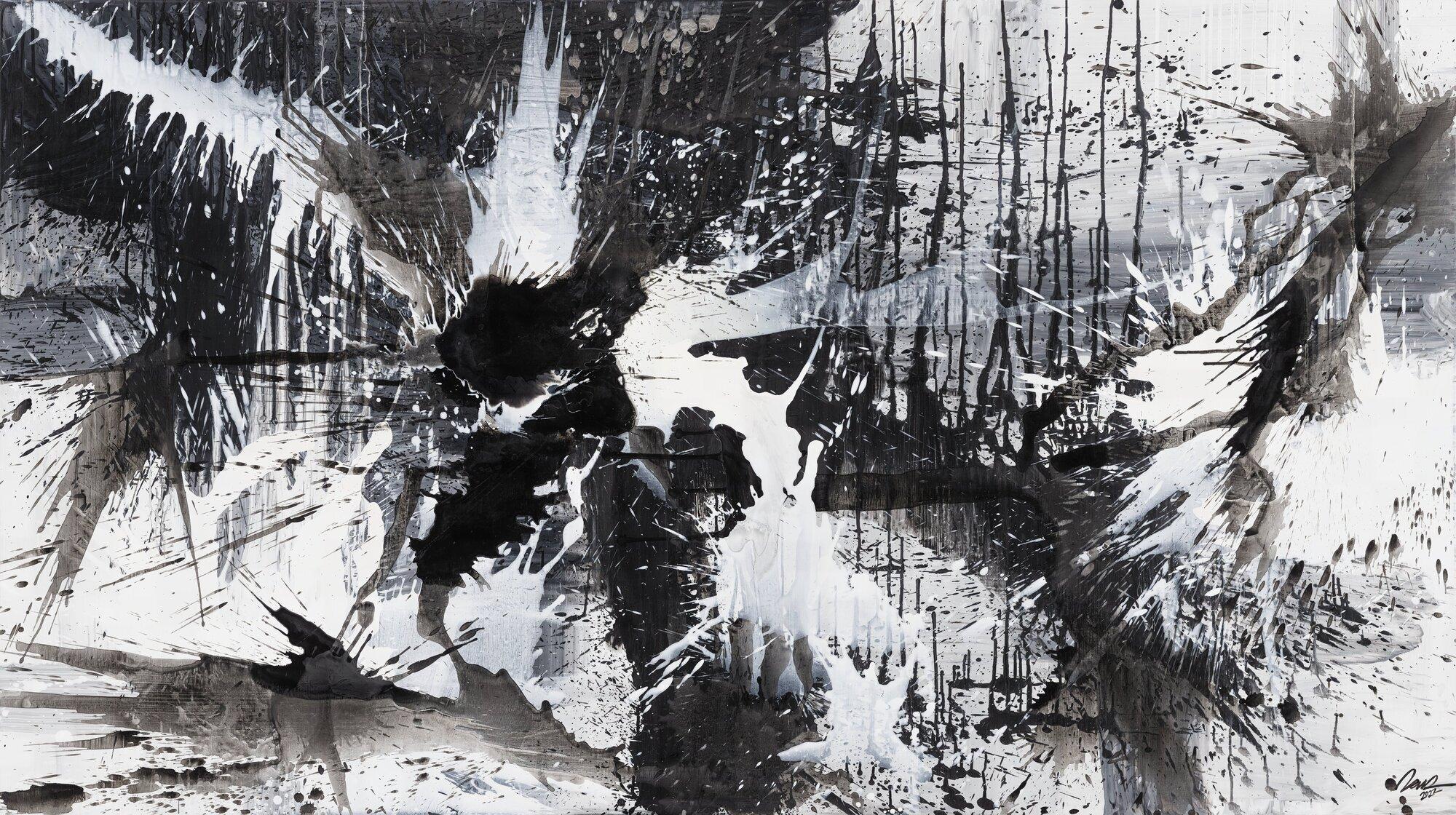 Gemälde Original abstrakt 140x250cm Action Painting expressionistisch auf Leinwand Splash Art schwarz weiss weiß schwarz Unikat