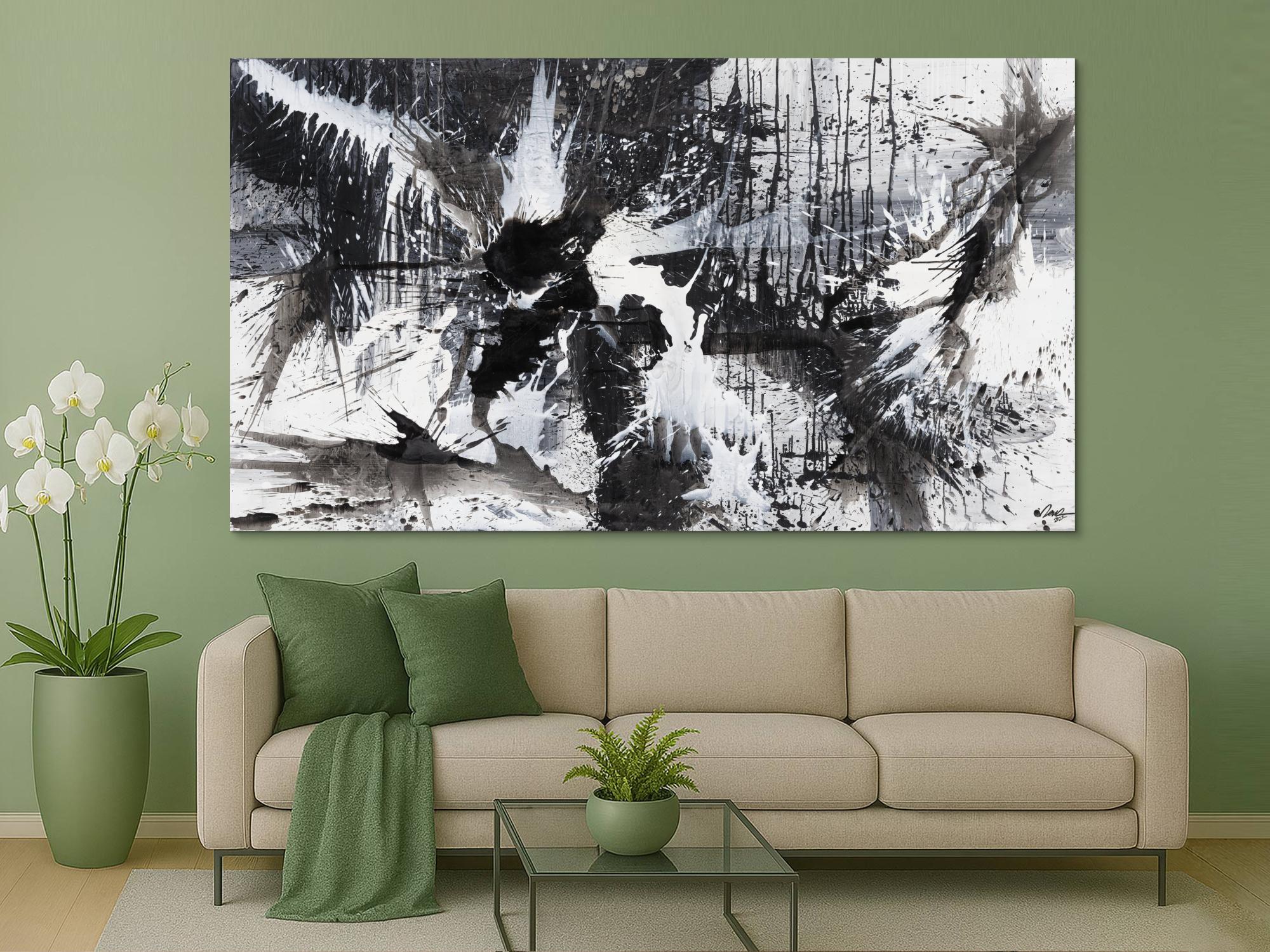 Gemälde Original abstrakt 140x250cm Action Painting expressionistisch auf Leinwand Splash Art schwarz weiss weiß schwarz Unikat
