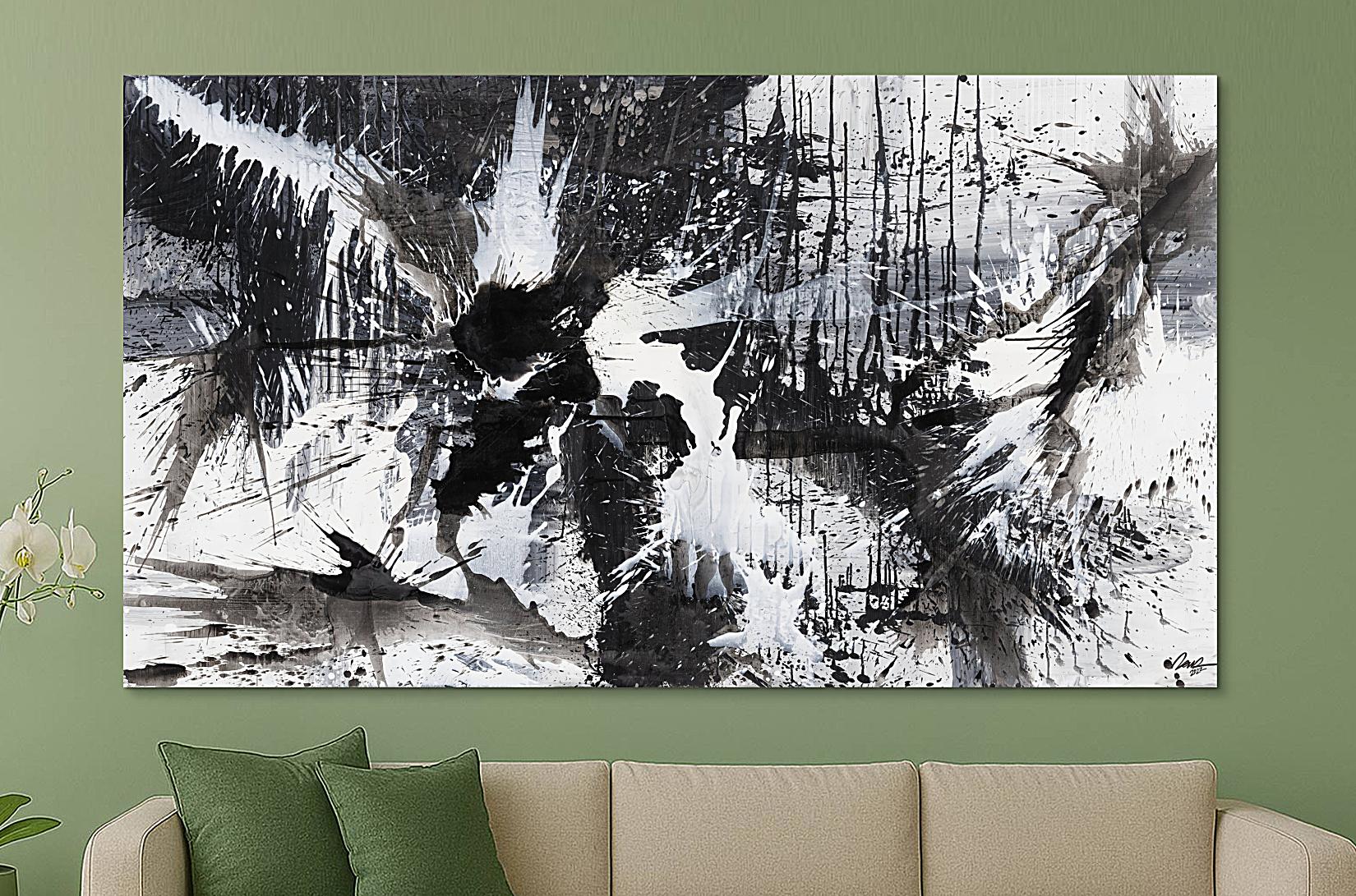 Gemälde Original abstrakt 140x250cm Action Painting expressionistisch auf Leinwand Splash Art schwarz weiss weiß schwarz Unikat