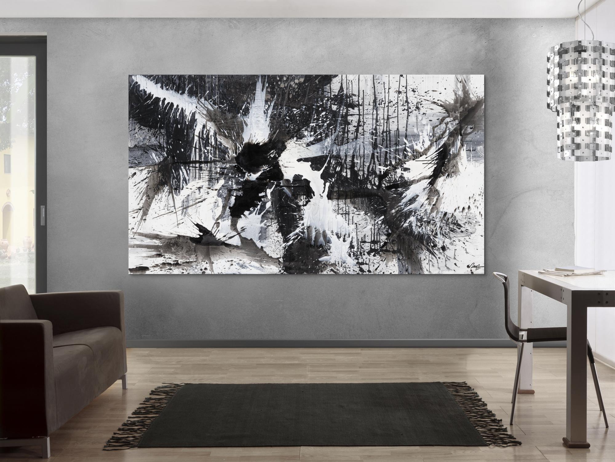 Gemälde Original abstrakt 140x250cm Action Painting expressionistisch auf Leinwand Splash Art schwarz weiss weiß schwarz Unikat