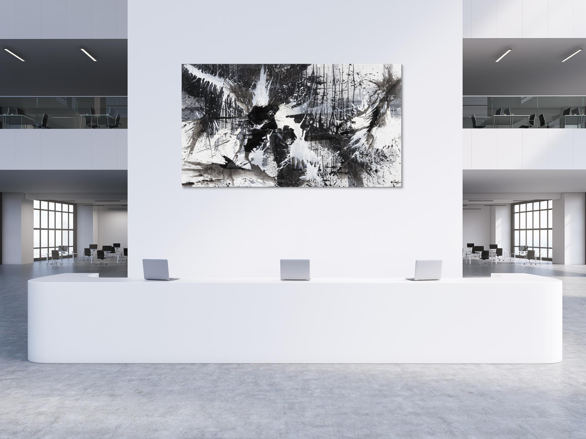 Gemälde Original abstrakt 140x250cm Action Painting expressionistisch auf Leinwand Splash Art schwarz weiss weiß schwarz Unikat