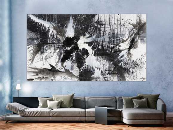 Gemälde Original abstrakt 140x250cm Action Painting expressionistisch auf Leinwand Splash Art schwarz weiss weiß schwarz Unikat