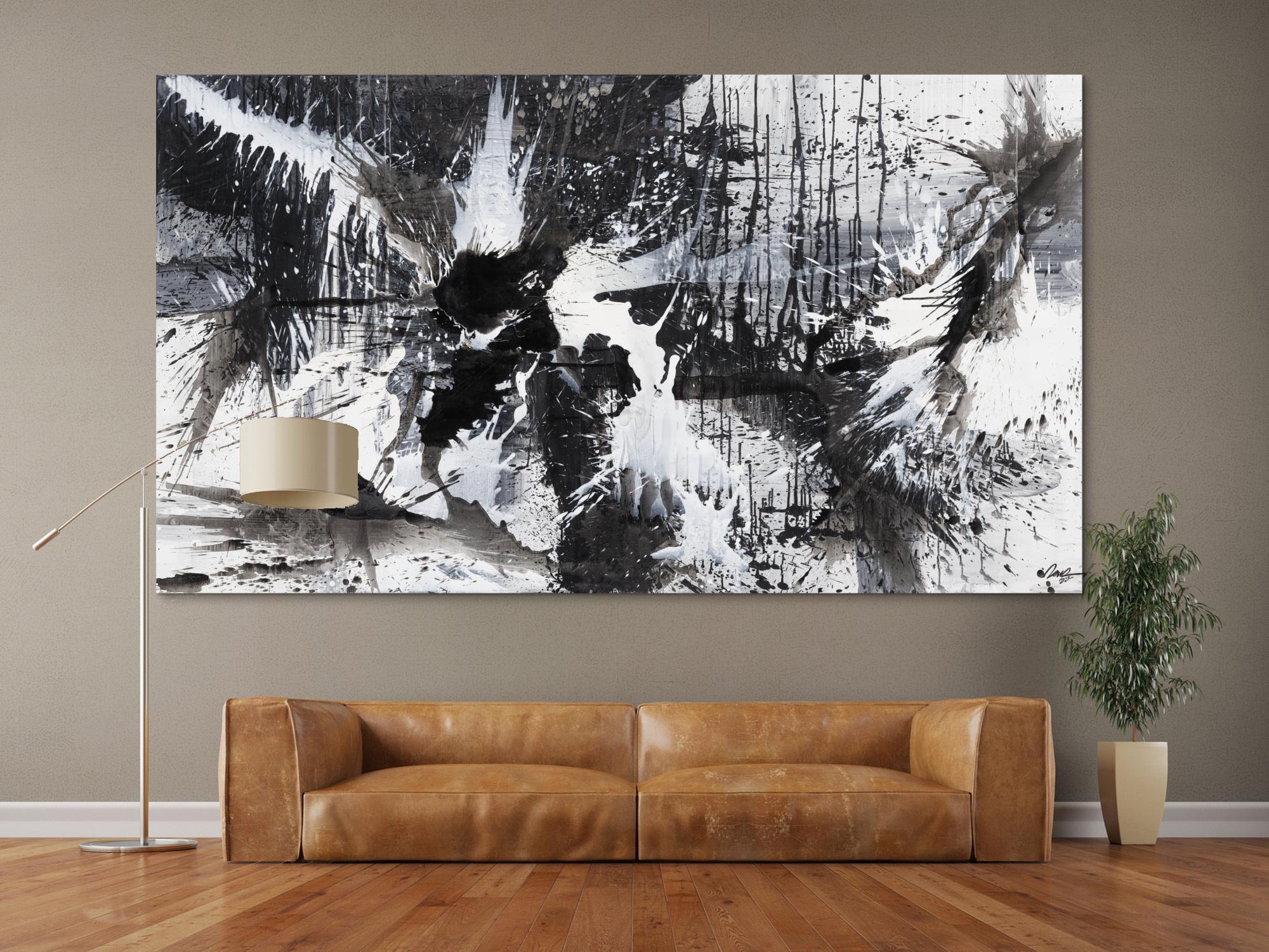 Gemälde Original abstrakt 140x250cm Action Painting expressionistisch auf Leinwand Splash Art schwarz weiss weiß schwarz Unikat