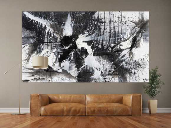Gemälde Original abstrakt 140x250cm Action Painting expressionistisch auf Leinwand Splash Art schwarz weiss weiß schwarz Unikat