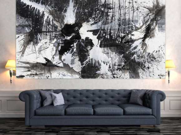 Gemälde Original abstrakt 140x250cm Action Painting expressionistisch auf Leinwand Splash Art schwarz weiss weiß schwarz Unikat