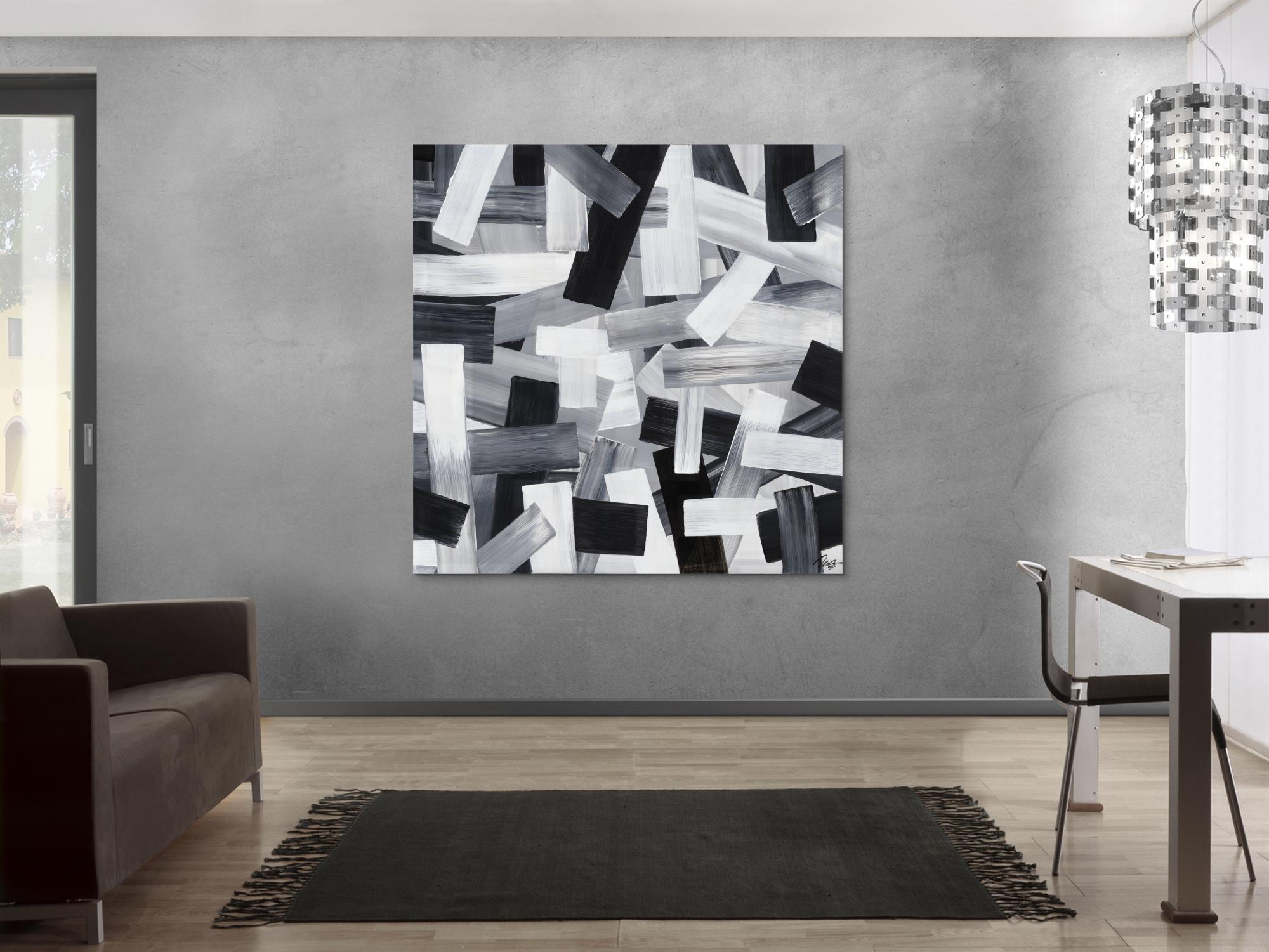 Original Gemälde abstrakt 150x150cm Mischtechnik zeitgenössisch auf Leinwand  schwarz weiss weiß schwarz Einzelstück