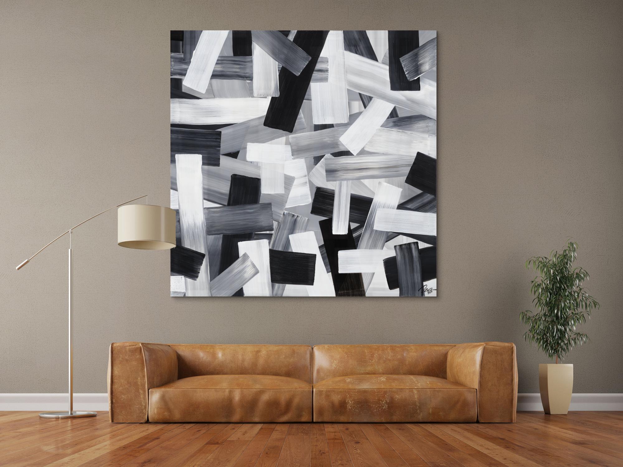 Original Gemälde abstrakt 150x150cm Mischtechnik zeitgenössisch auf Leinwand  schwarz weiss weiß schwarz Einzelstück
