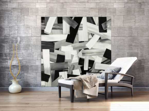 Original Gemälde abstrakt 150x150cm Mischtechnik zeitgenössisch auf Leinwand  schwarz weiss weiß schwarz Einzelstück