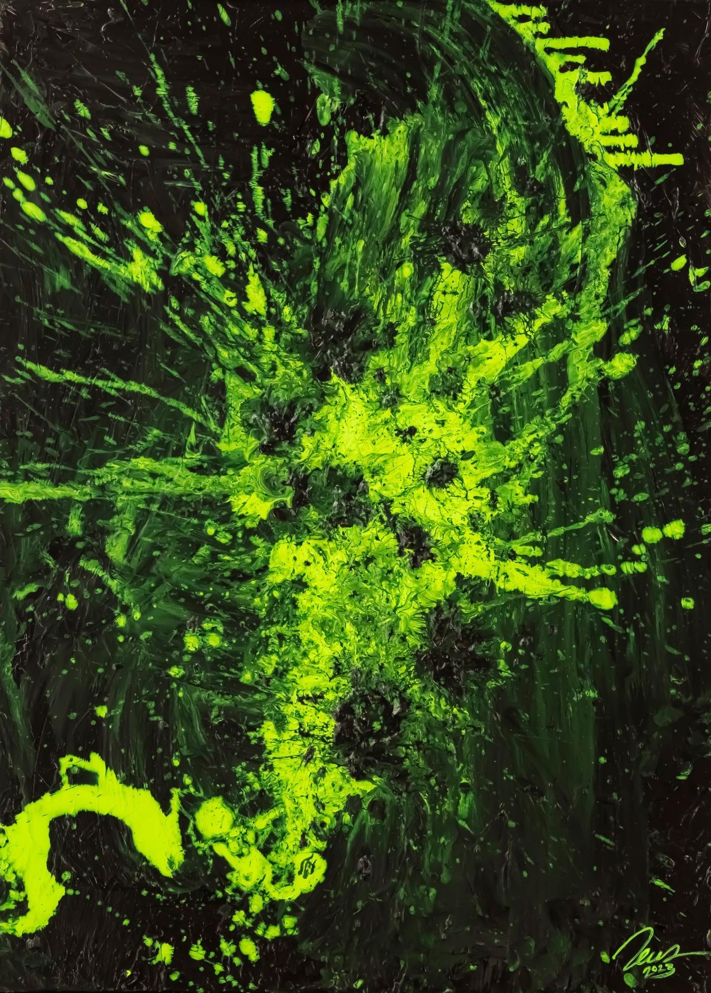 Gemälde Original abstrakt 100x72cm Action Painting Modern Art auf Leinwand Mischtechnik schwarz NEON grün hellgrün Einzelstück