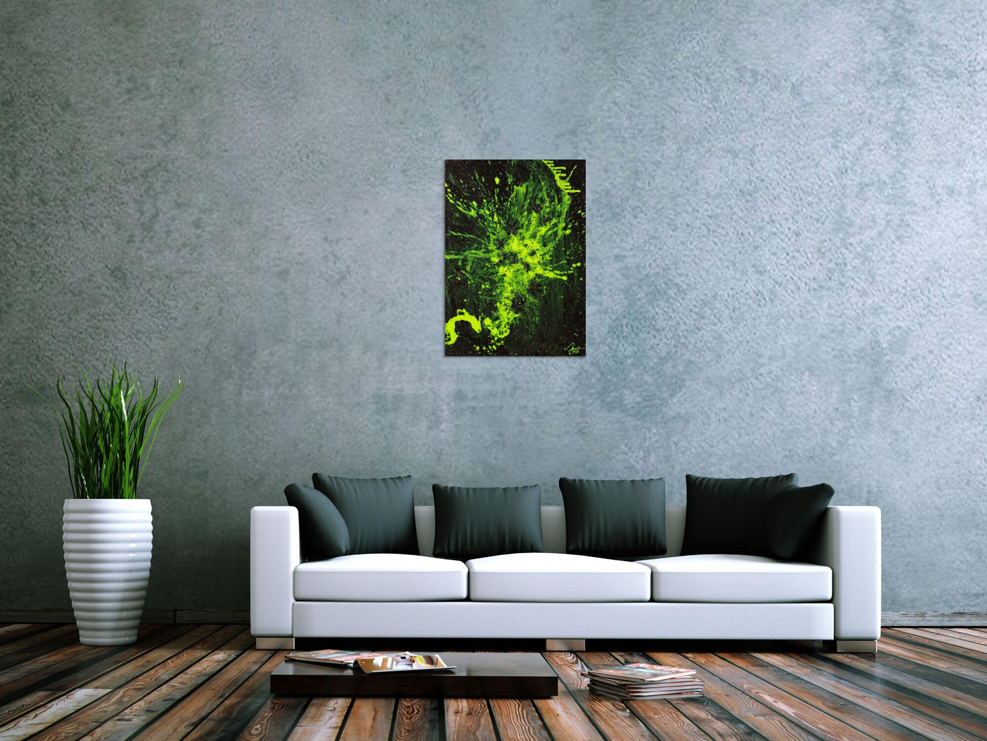 Gemälde Original abstrakt 100x72cm Action Painting Modern Art auf Leinwand Mischtechnik schwarz NEON grün hellgrün Einzelstück