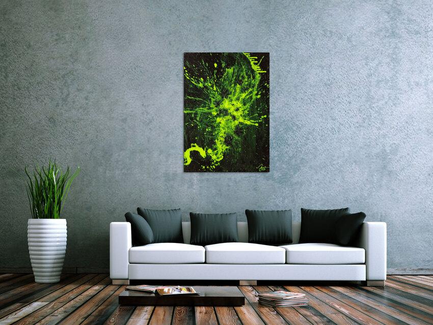 Gemälde Original abstrakt 100x72cm Action Painting Modern Art auf Leinwand Mischtechnik schwarz NEON grün hellgrün Einzelstück
