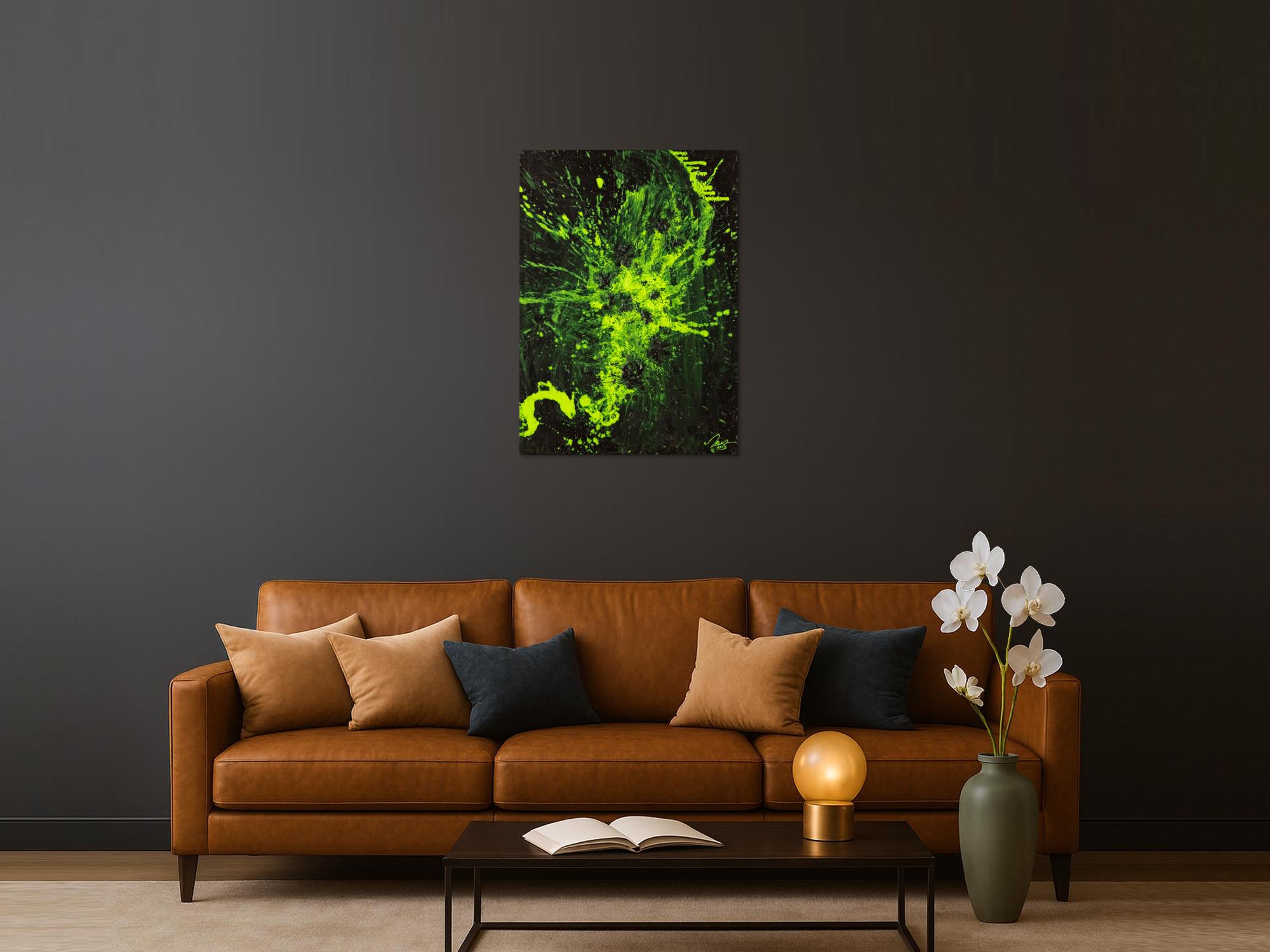 Gemälde Original abstrakt 100x72cm Action Painting Modern Art auf Leinwand Mischtechnik schwarz NEON grün hellgrün Einzelstück