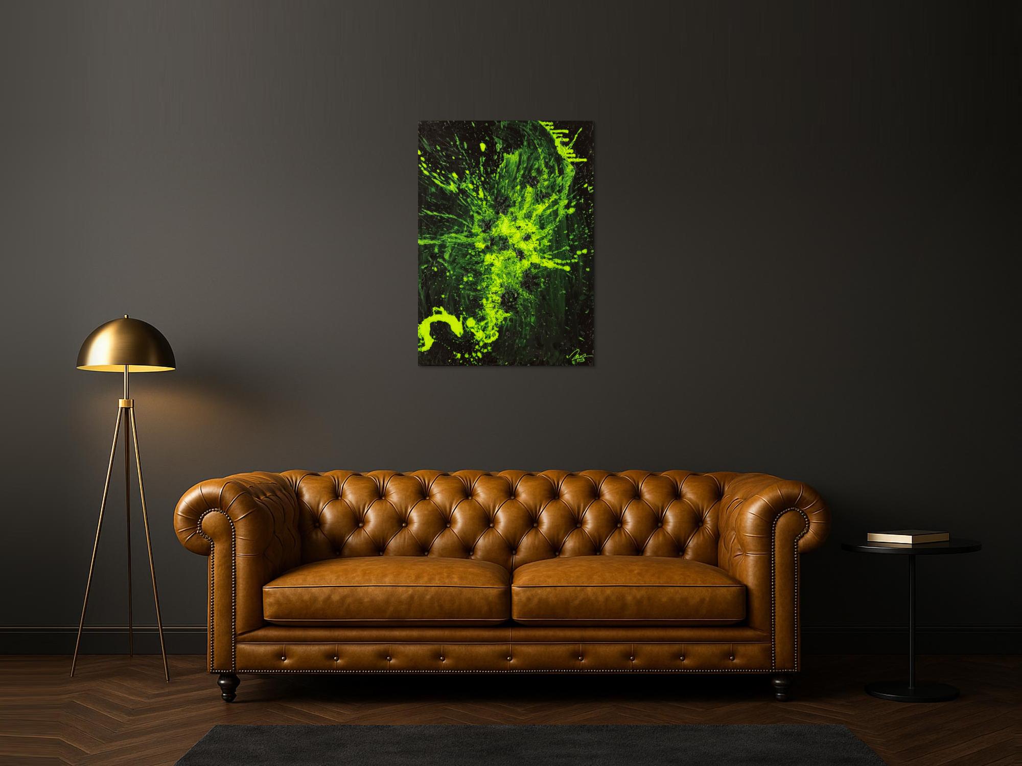 Gemälde Original abstrakt 100x72cm Action Painting Modern Art auf Leinwand Mischtechnik schwarz NEON grün hellgrün Einzelstück