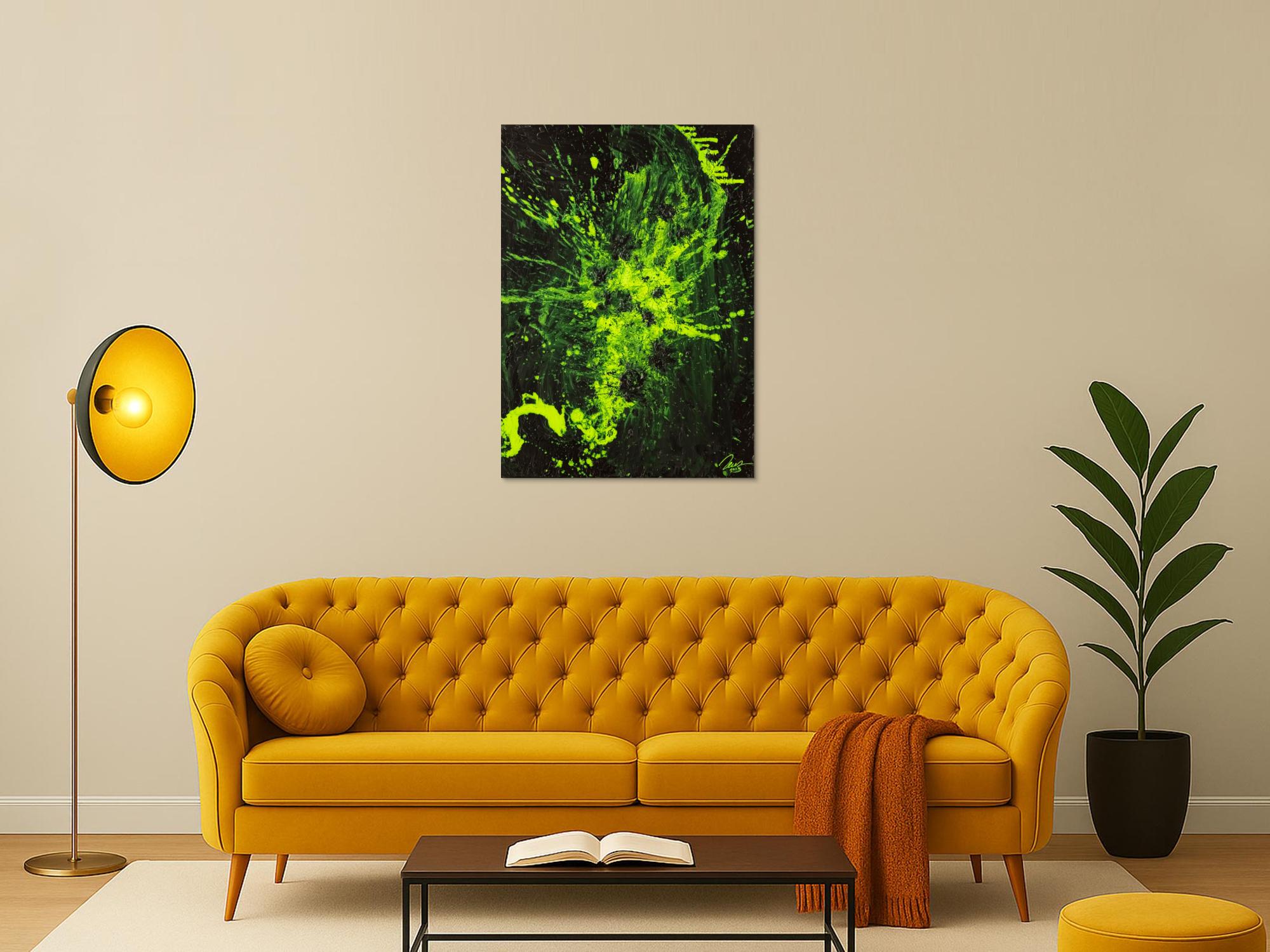 Gemälde Original abstrakt 100x72cm Action Painting Modern Art auf Leinwand Mischtechnik schwarz NEON grün hellgrün Einzelstück