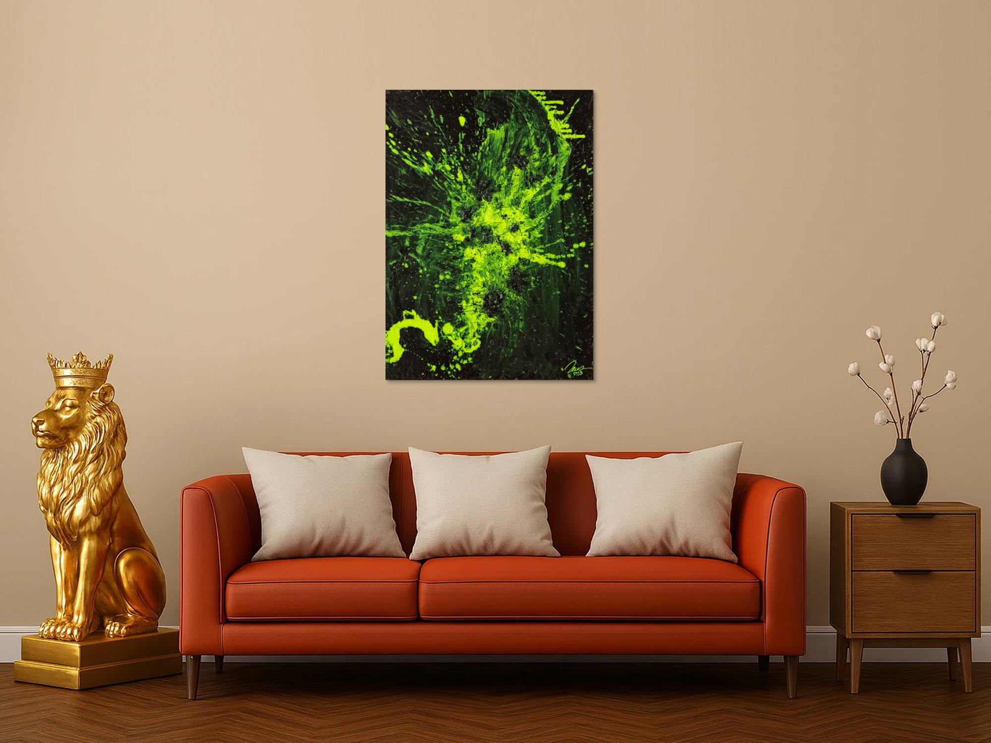 Gemälde Original abstrakt 100x72cm Action Painting Modern Art auf Leinwand Mischtechnik schwarz NEON grün hellgrün Einzelstück