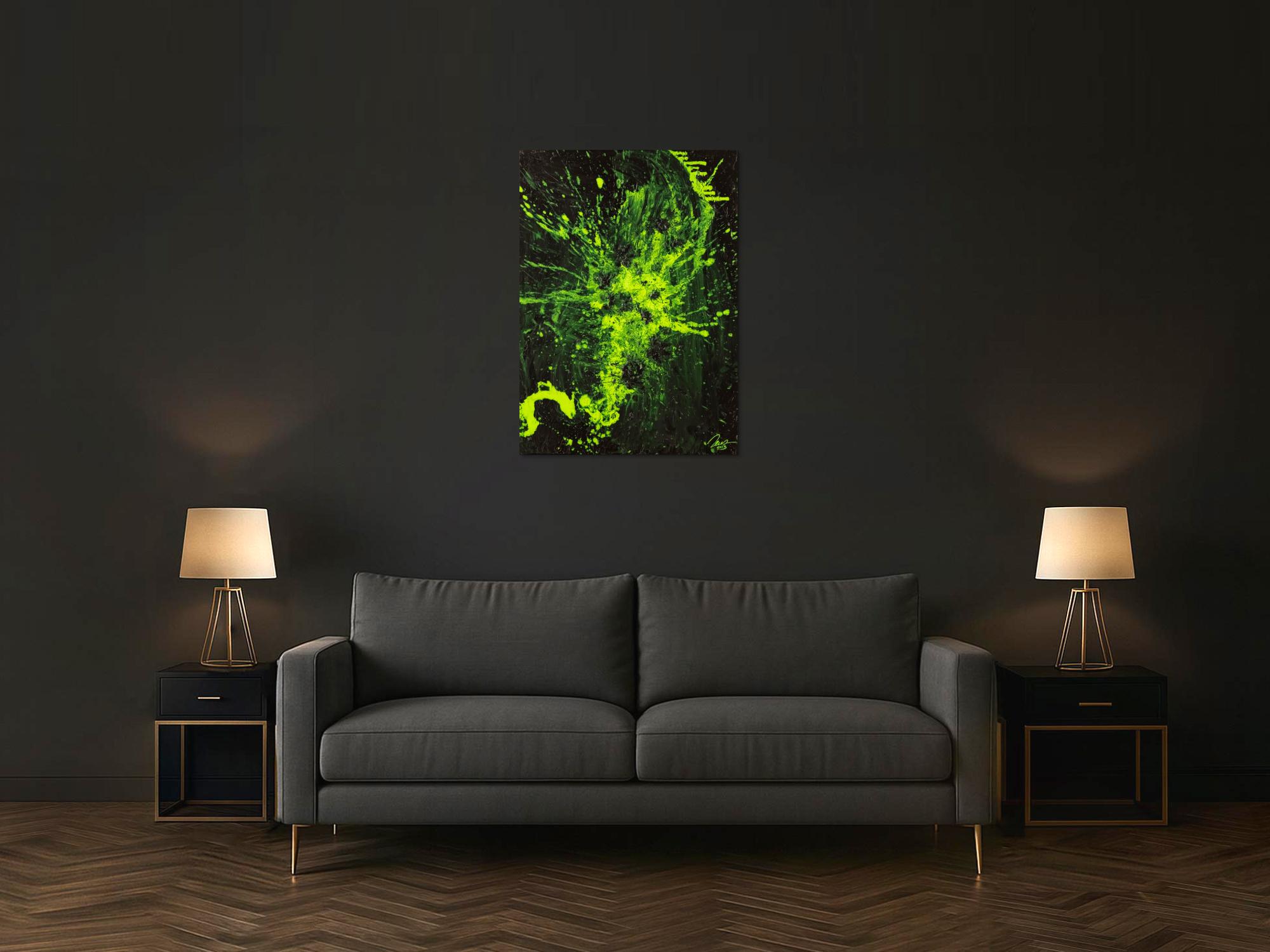 Gemälde Original abstrakt 100x72cm Action Painting Modern Art auf Leinwand Mischtechnik schwarz NEON grün hellgrün Einzelstück