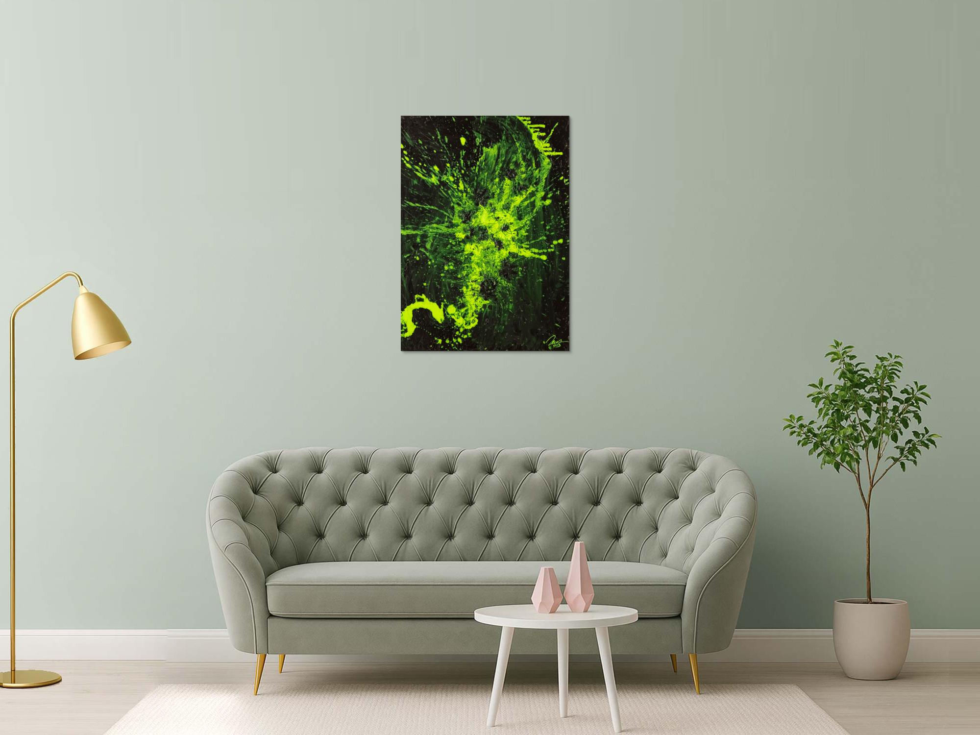 Gemälde Original abstrakt 100x72cm Action Painting Modern Art auf Leinwand Mischtechnik schwarz NEON grün hellgrün Einzelstück