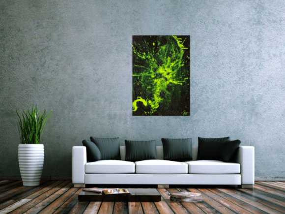 Gemälde Original abstrakt 100x72cm Action Painting Modern Art auf Leinwand Mischtechnik schwarz NEON grün hellgrün Einzelstück