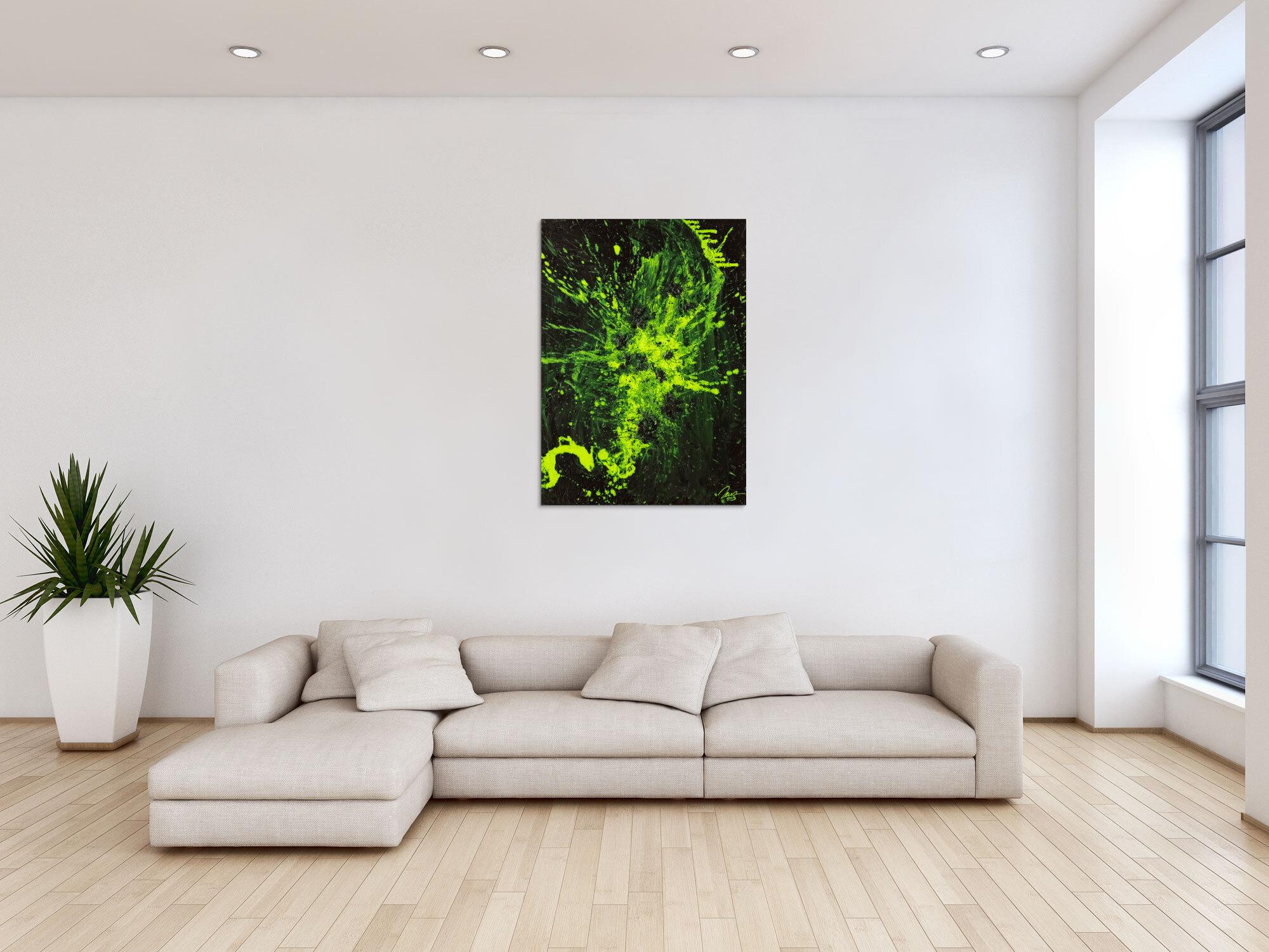 Gemälde Original abstrakt 100x72cm Action Painting Modern Art auf Leinwand Mischtechnik schwarz NEON grün hellgrün Einzelstück