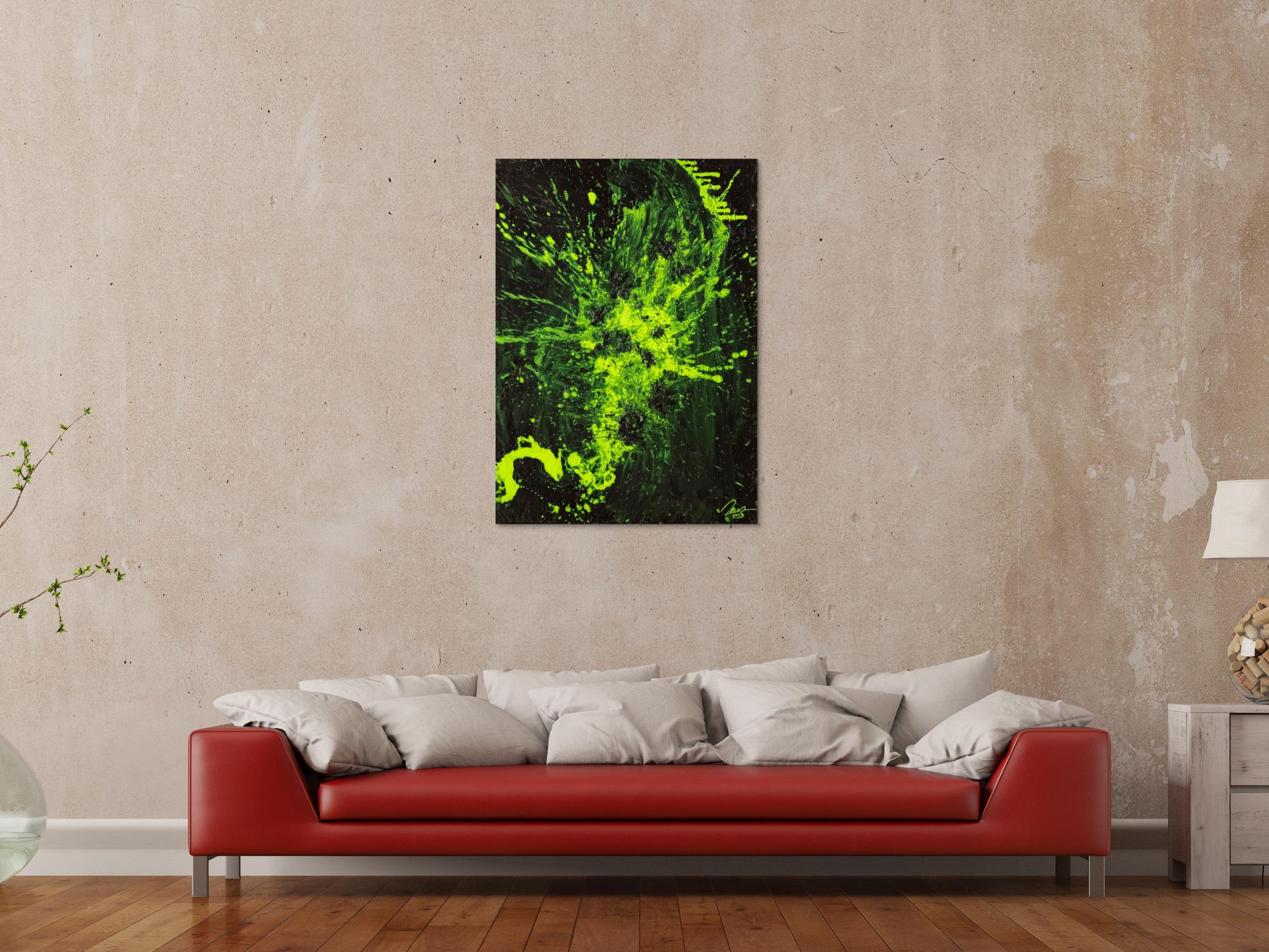 Gemälde Original abstrakt 100x72cm Action Painting Modern Art auf Leinwand Mischtechnik schwarz NEON grün hellgrün Einzelstück