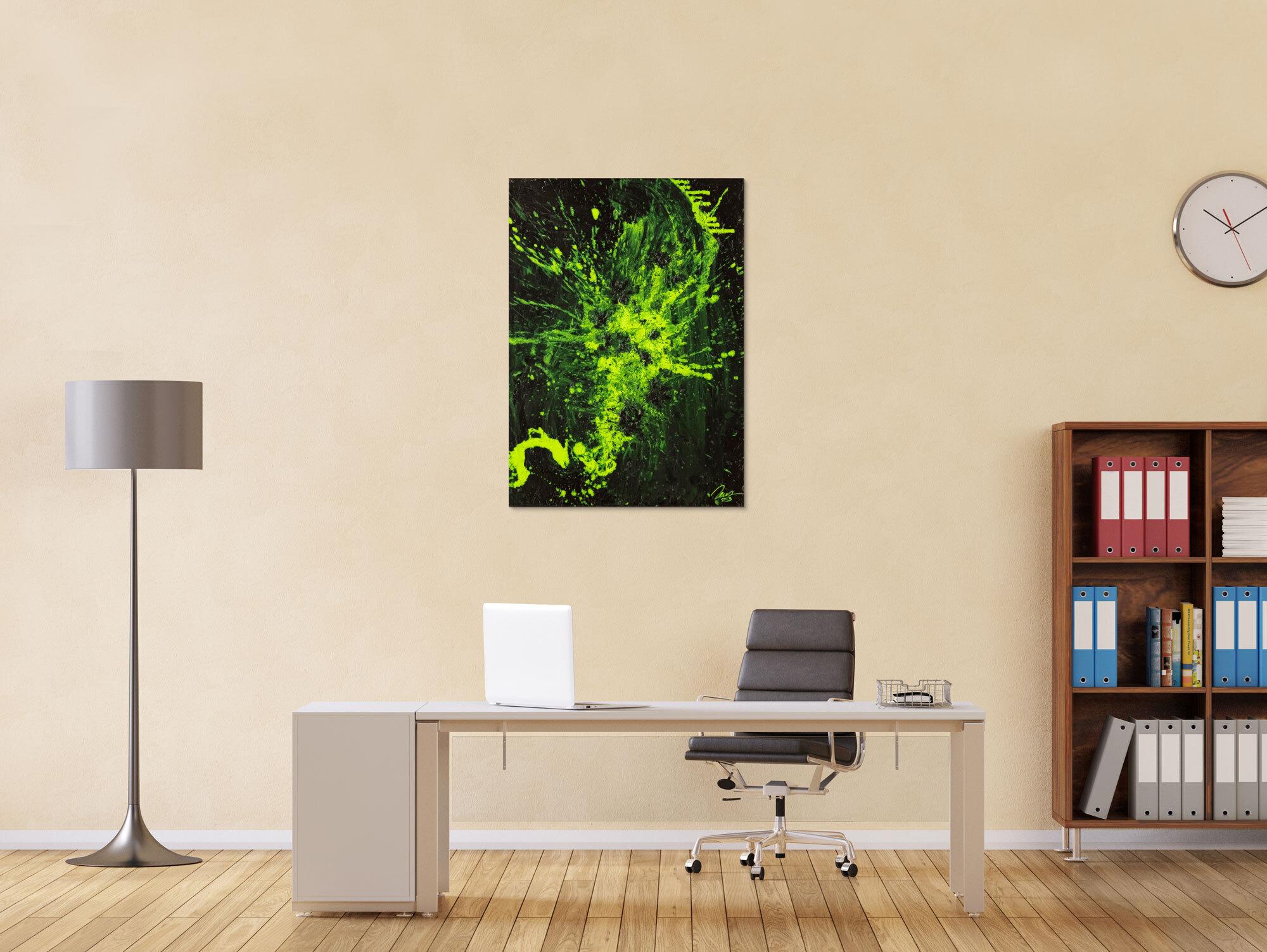 Gemälde Original abstrakt 100x72cm Action Painting Modern Art auf Leinwand Mischtechnik schwarz NEON grün hellgrün Einzelstück