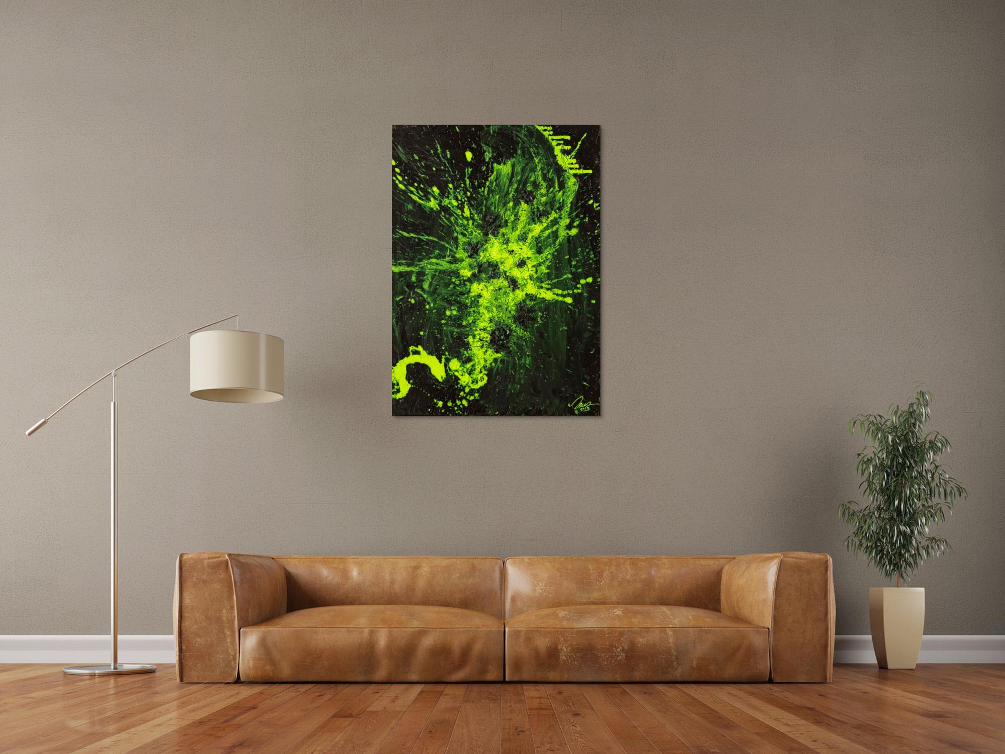 Gemälde Original abstrakt 100x72cm Action Painting Modern Art auf Leinwand Mischtechnik schwarz NEON grün hellgrün Einzelstück