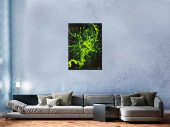 Gemälde Original abstrakt 100x72cm Action Painting Modern Art auf Leinwand Mischtechnik schwarz NEON grün hellgrün Einzelstück