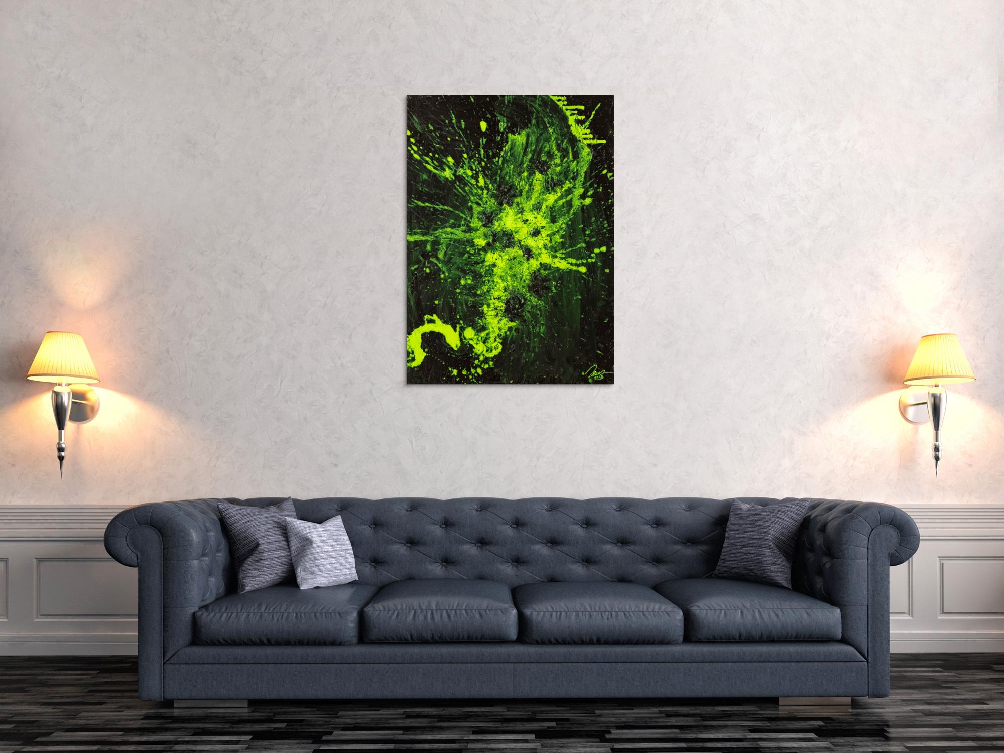 Gemälde Original abstrakt 100x72cm Action Painting Modern Art auf Leinwand Mischtechnik schwarz NEON grün hellgrün Einzelstück