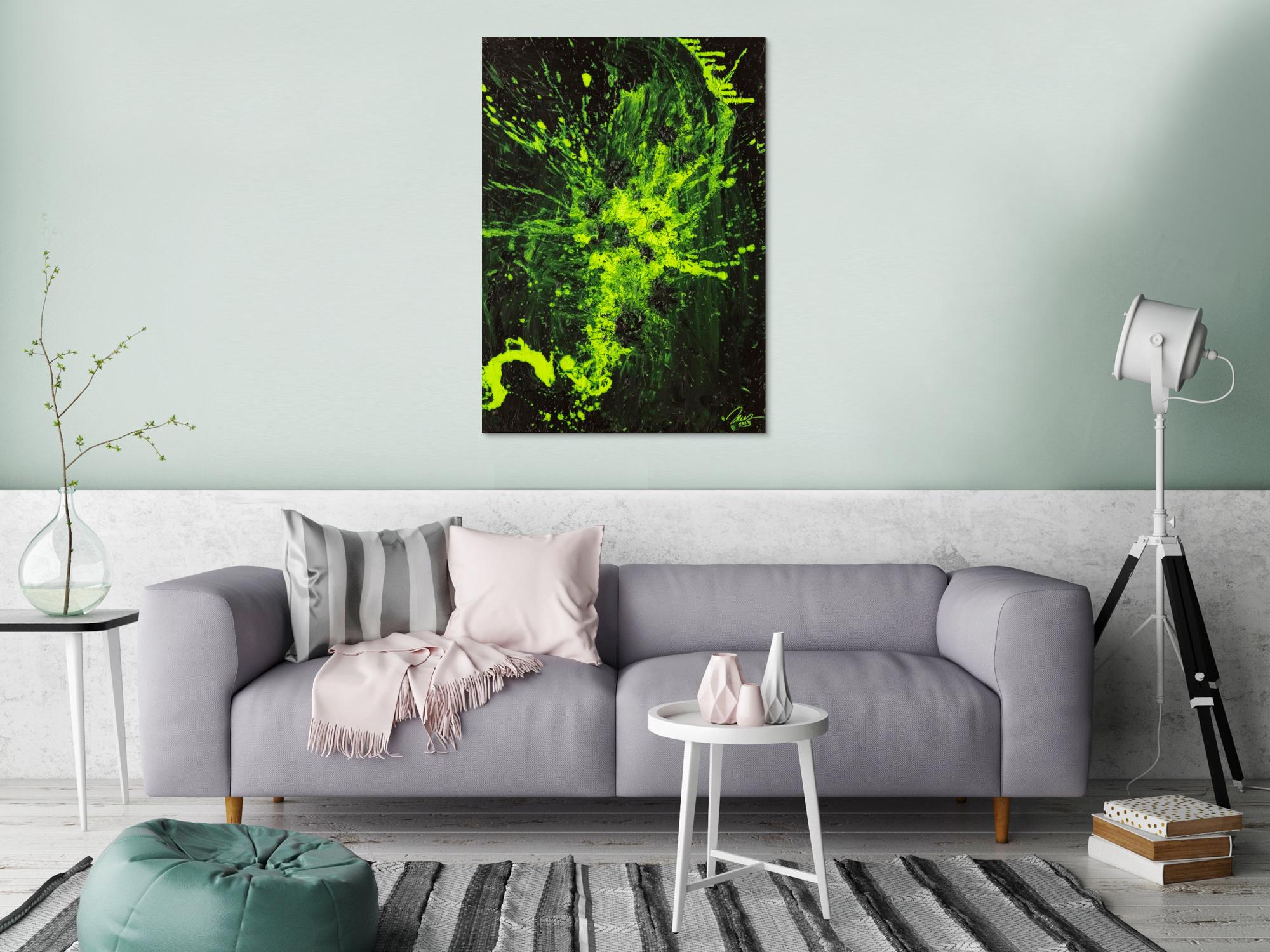 Gemälde Original abstrakt 100x72cm Action Painting Modern Art auf Leinwand Mischtechnik schwarz NEON grün hellgrün Einzelstück