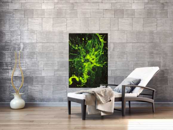 Gemälde Original abstrakt 100x72cm Action Painting Modern Art auf Leinwand Mischtechnik schwarz NEON grün hellgrün Einzelstück
