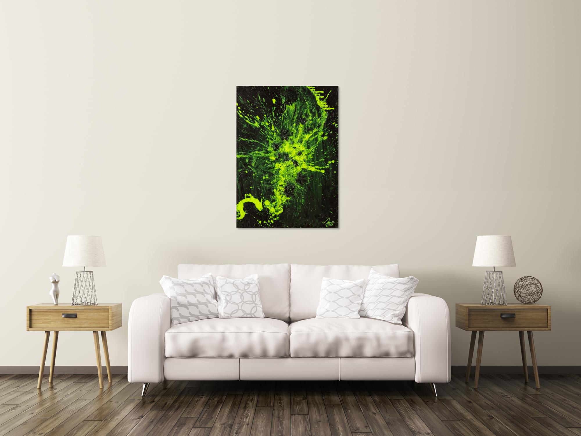 Gemälde Original abstrakt 100x72cm Action Painting Modern Art auf Leinwand Mischtechnik schwarz NEON grün hellgrün Einzelstück