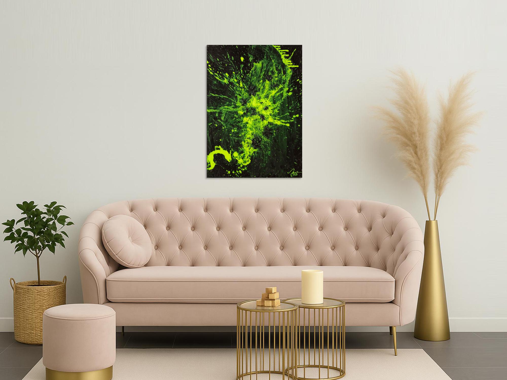 Gemälde Original abstrakt 100x72cm Action Painting Modern Art auf Leinwand Mischtechnik schwarz NEON grün hellgrün Einzelstück