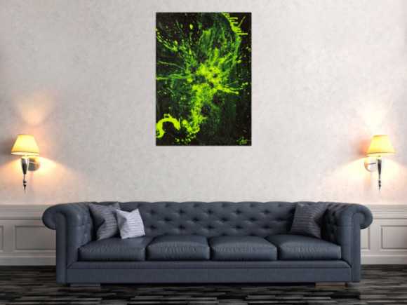 Gemälde Original abstrakt 100x72cm Action Painting Modern Art auf Leinwand Mischtechnik schwarz NEON grün hellgrün Einzelstück