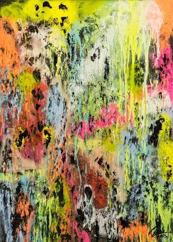 Original Gemälde abstrakt 100x72cm Mischtechnik Modern Art Mischtechnik bunt NEON gelb pink schwarz Unikat