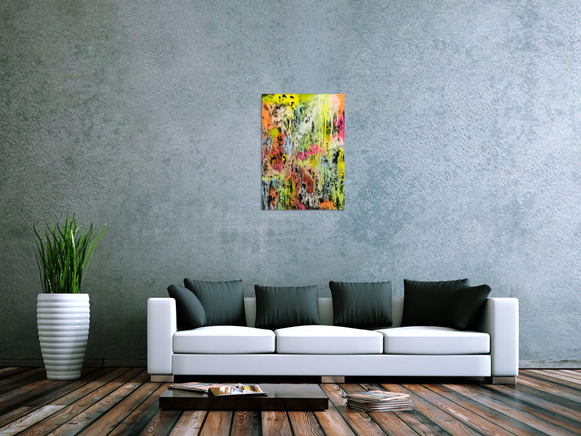 Original Gemälde abstrakt 100x72cm Mischtechnik Modern Art Mischtechnik bunt NEON gelb pink schwarz Unikat