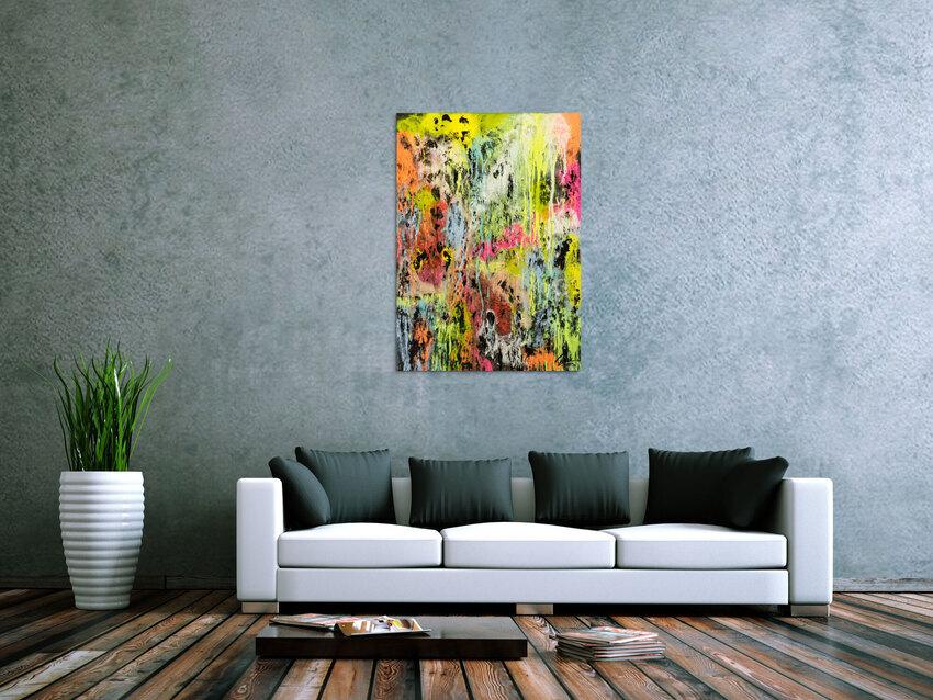 Original Gemälde abstrakt 100x72cm Mischtechnik Modern Art Mischtechnik bunt NEON gelb pink schwarz Unikat