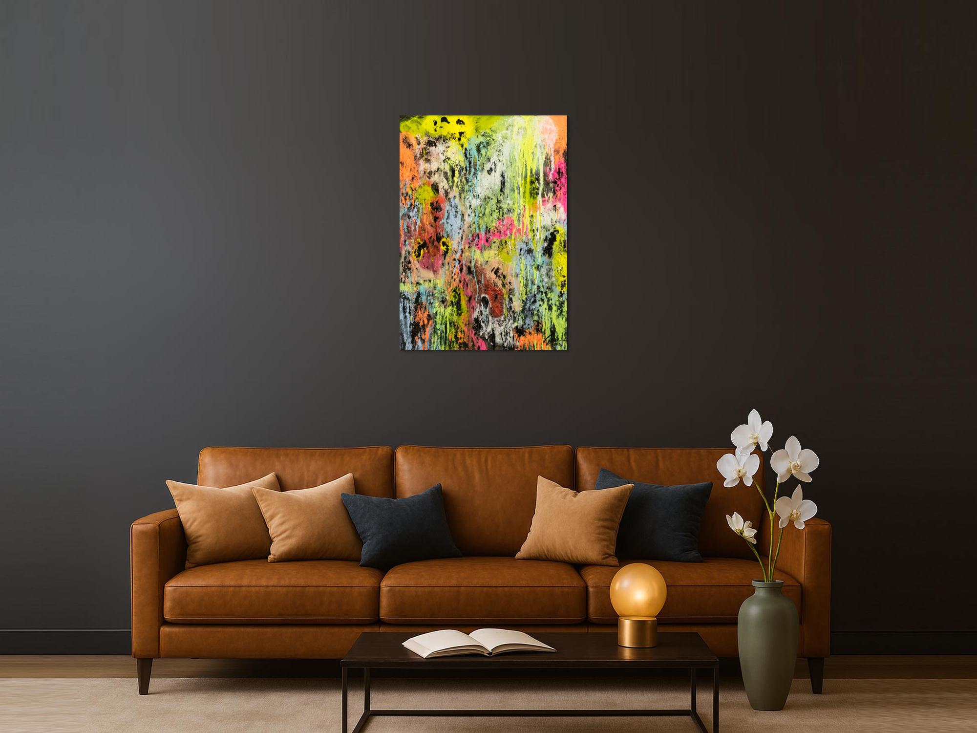 Original Gemälde abstrakt 100x72cm Mischtechnik Modern Art Mischtechnik bunt NEON gelb pink schwarz Unikat