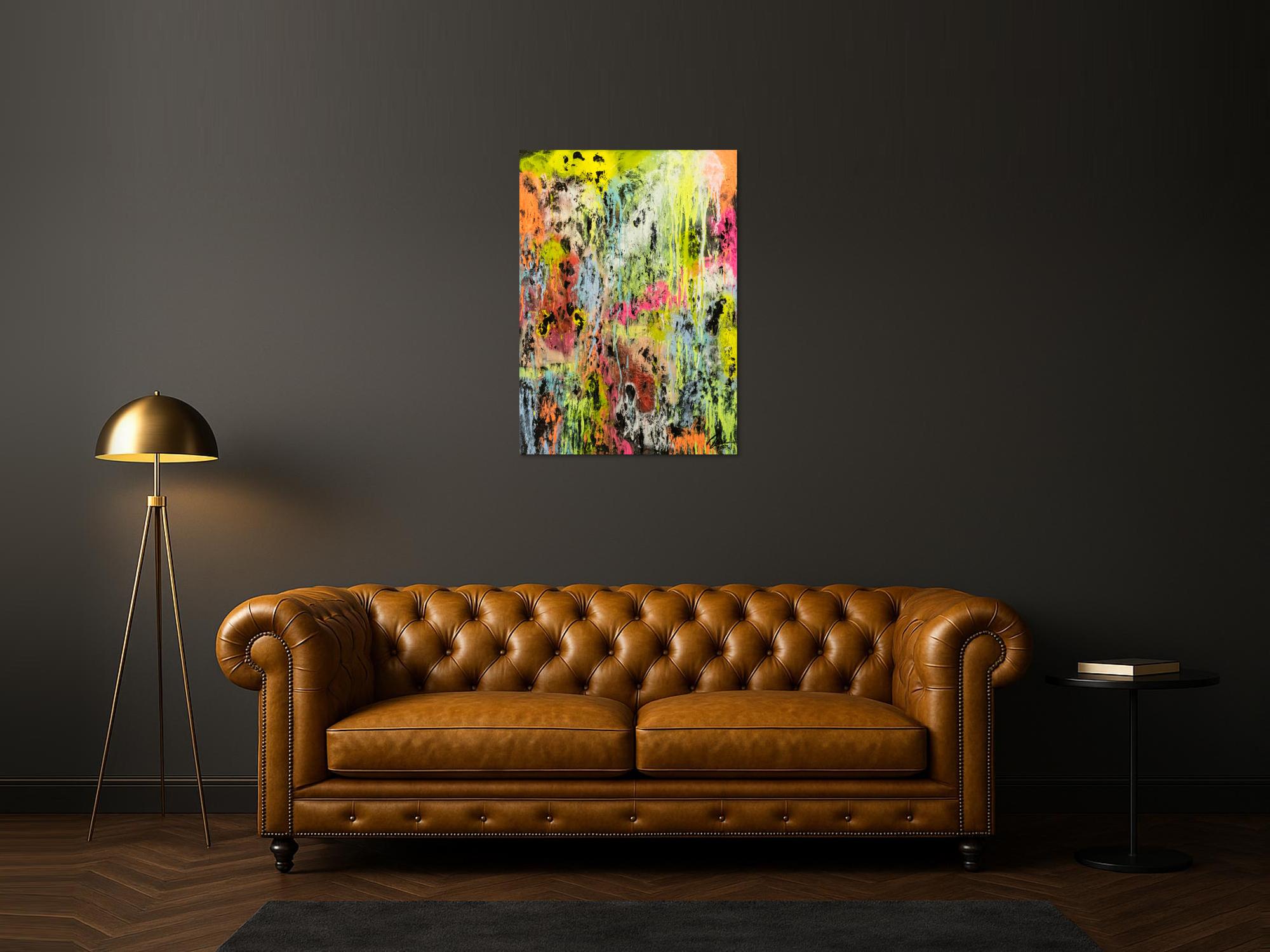 Original Gemälde abstrakt 100x72cm Mischtechnik Modern Art Mischtechnik bunt NEON gelb pink schwarz Unikat