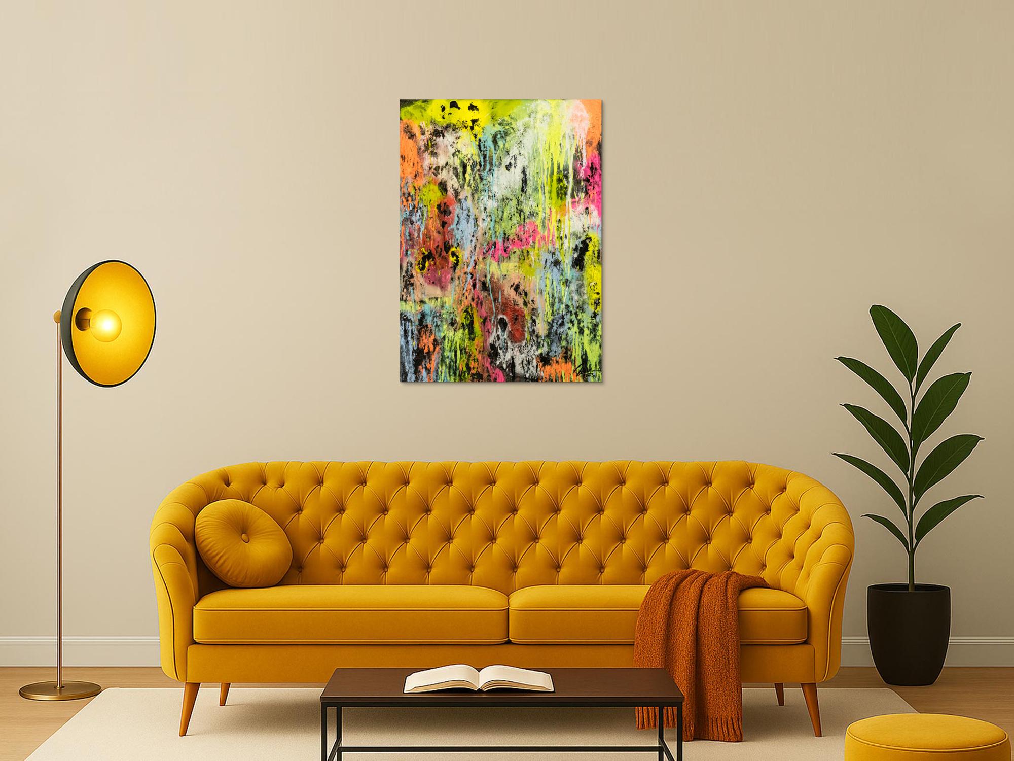 Original Gemälde abstrakt 100x72cm Mischtechnik Modern Art Mischtechnik bunt NEON gelb pink schwarz Unikat