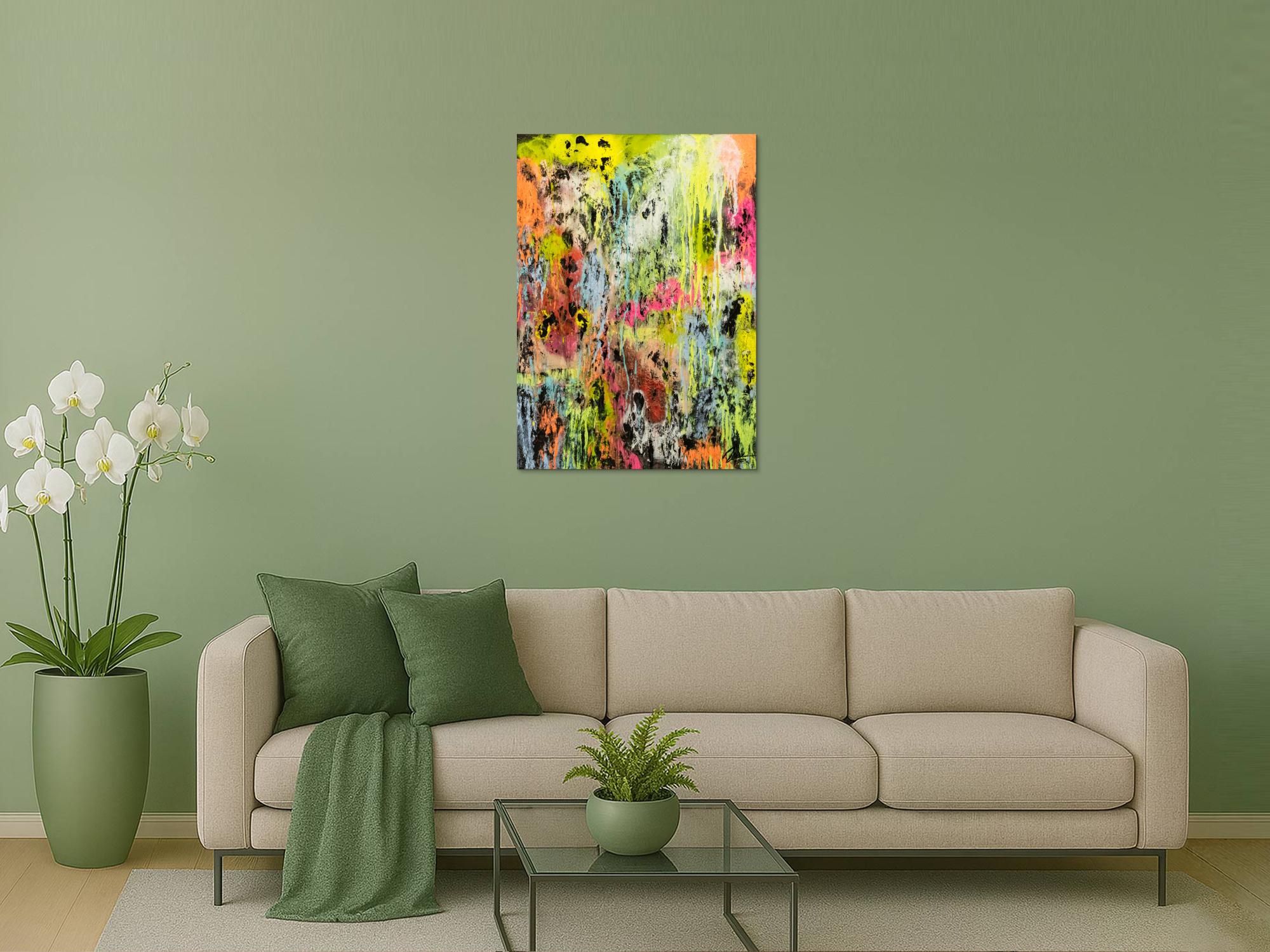 Original Gemälde abstrakt 100x72cm Mischtechnik Modern Art Mischtechnik bunt NEON gelb pink schwarz Unikat