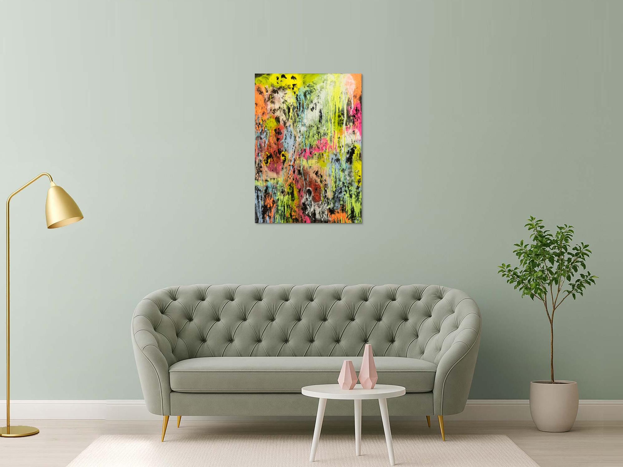 Original Gemälde abstrakt 100x72cm Mischtechnik Modern Art Mischtechnik bunt NEON gelb pink schwarz Unikat