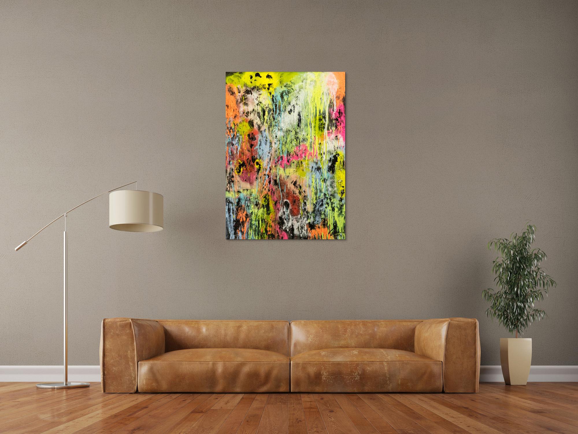 Original Gemälde abstrakt 100x72cm Mischtechnik Modern Art Mischtechnik bunt NEON gelb pink schwarz Unikat