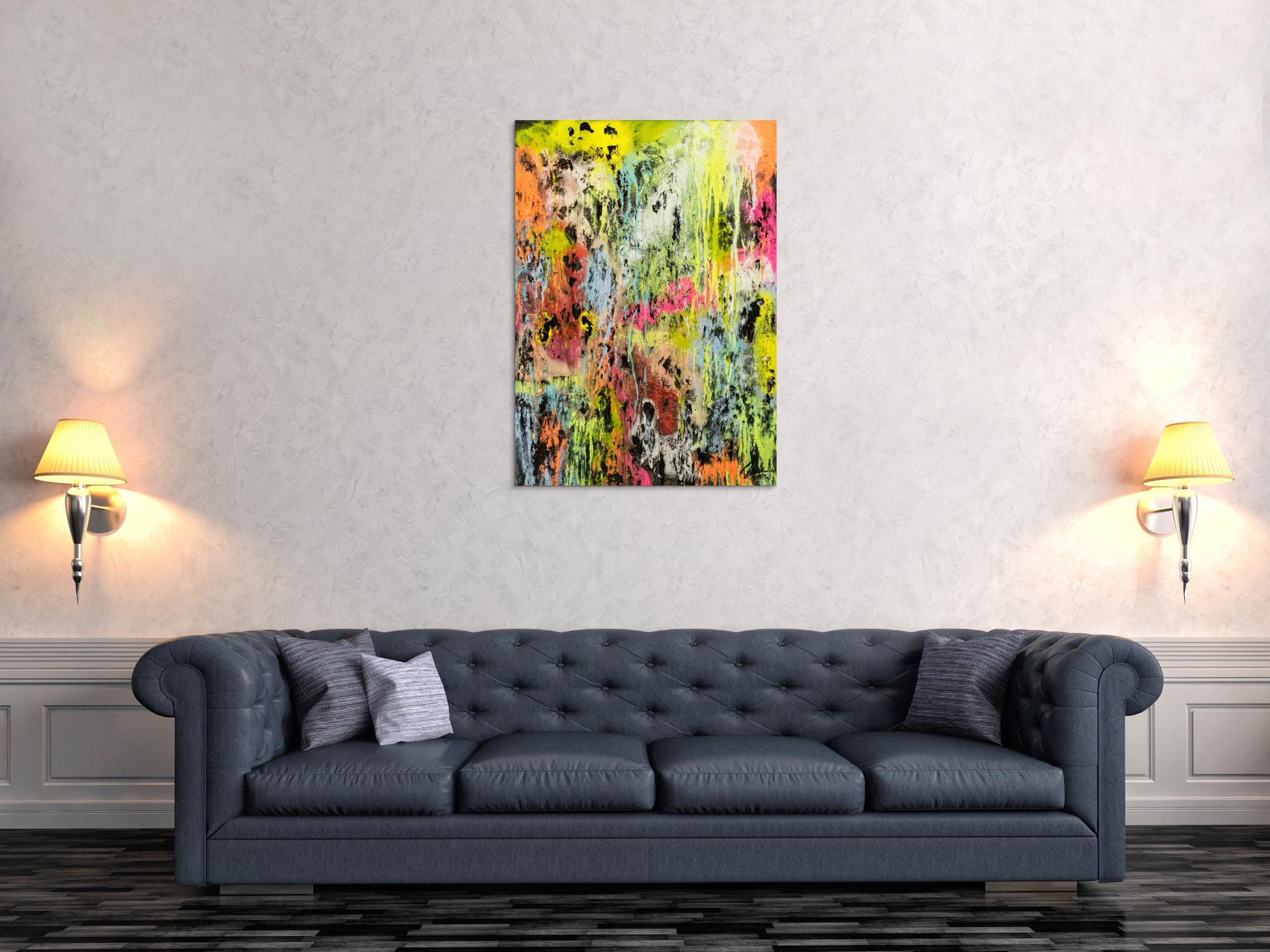 Original Gemälde abstrakt 100x72cm Mischtechnik Modern Art Mischtechnik bunt NEON gelb pink schwarz Unikat