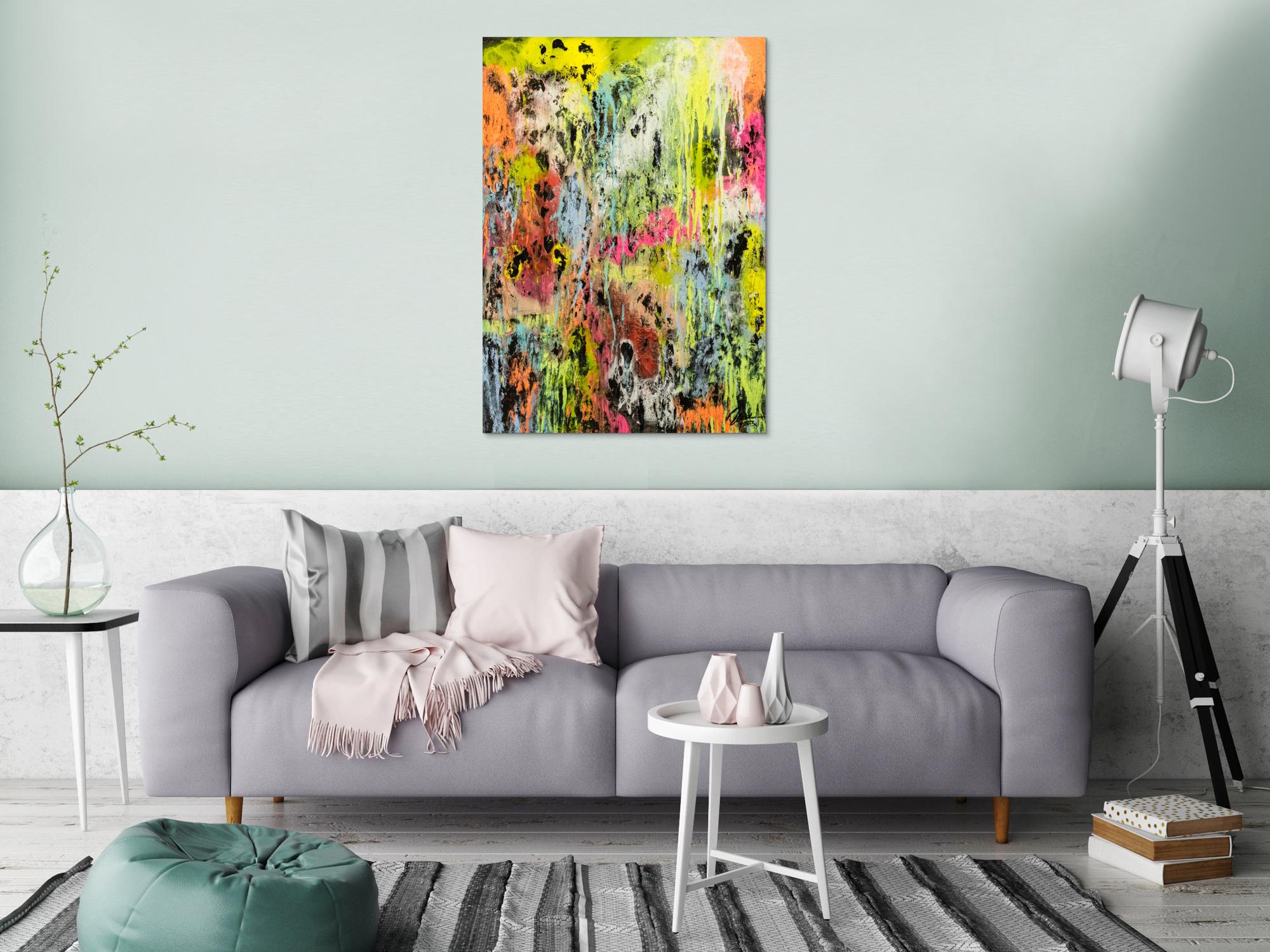 Original Gemälde abstrakt 100x72cm Mischtechnik Modern Art Mischtechnik bunt NEON gelb pink schwarz Unikat