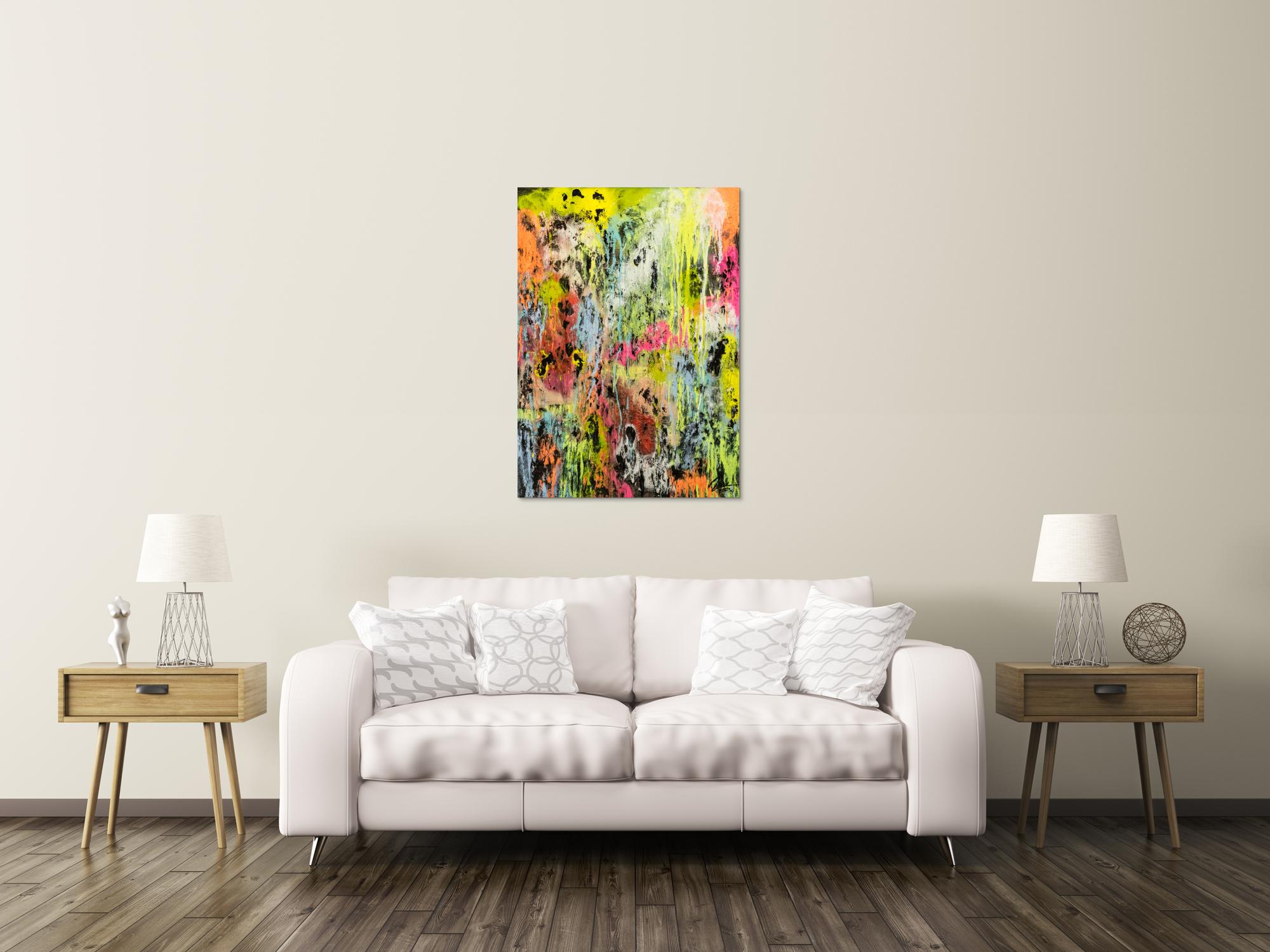 Original Gemälde abstrakt 100x72cm Mischtechnik Modern Art Mischtechnik bunt NEON gelb pink schwarz Unikat